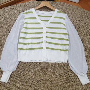 Green Stripe Knit Puff Sleeve Cropped Cardigan